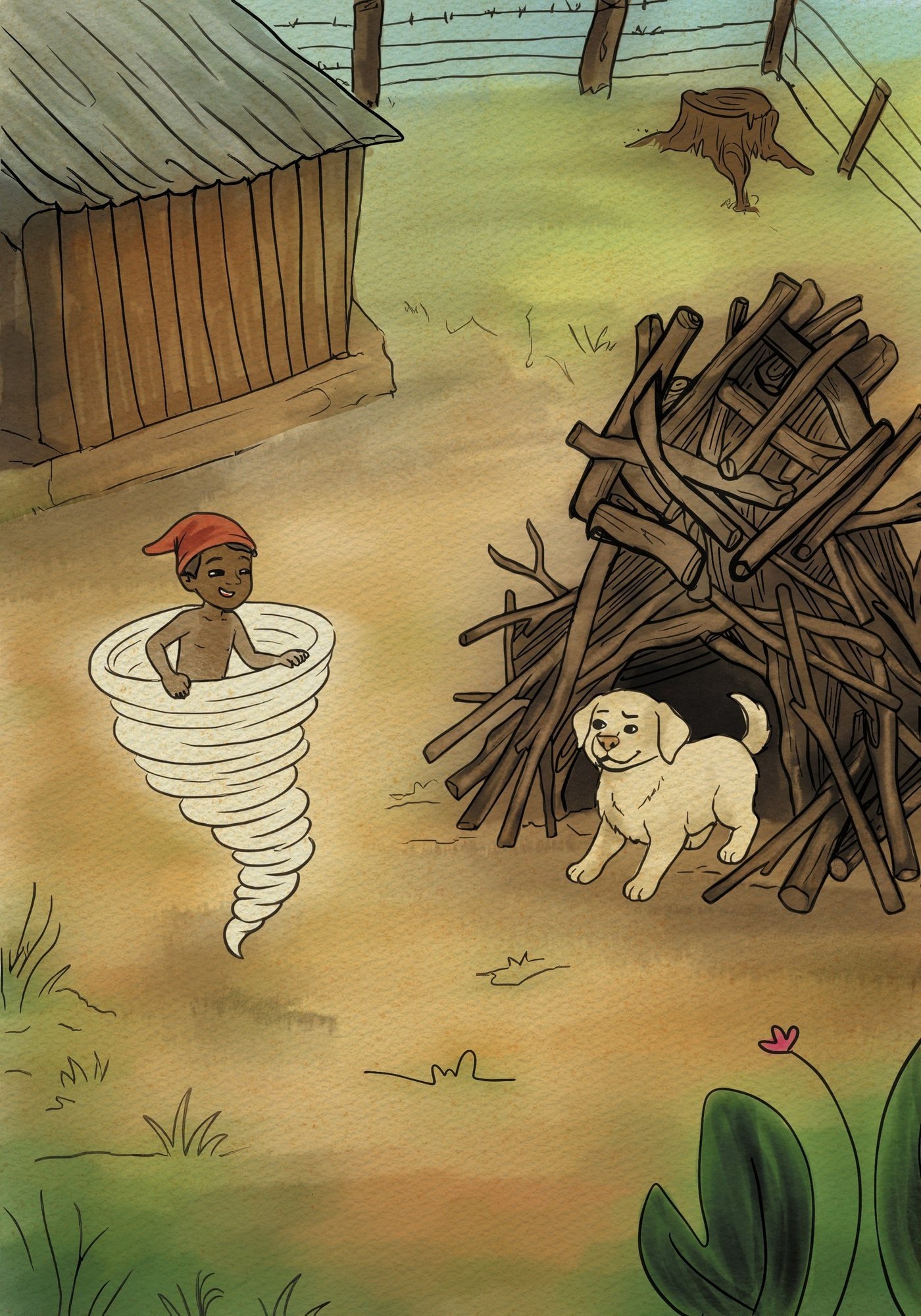 Ilustração do livro: um saci dentro de um redemoinho de vento e o filhote junto ao monte de lenha
