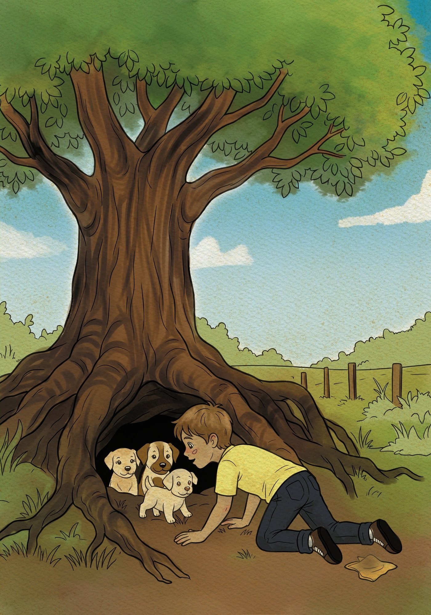 Ilustração do livro: Jonas encontra os filhotes na toca sob as raízes da jaqueira
