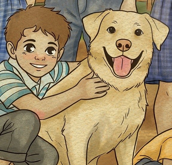 Ilustração da capa: o menino Jonas abraça Sétimo, o cão de pelo dourado